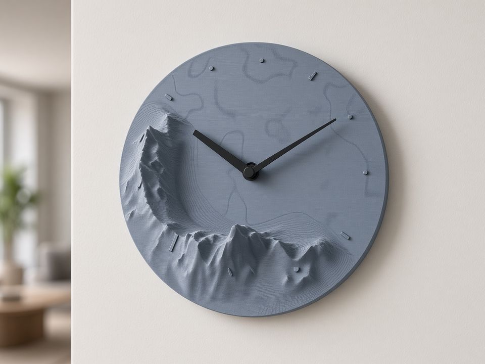 A wall clock with a mountain range in relief across its face
