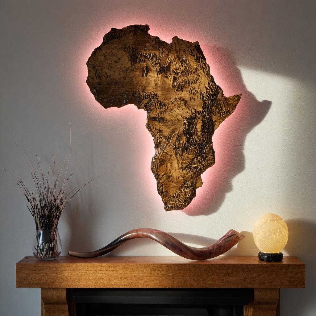 Wood relief sculpture of the African continent, topographical detail, backlit on a wall above a console table. Aaron's personal piece, generated from elevation data, CNC-cut from poplar, stained walnut, finished by hand.